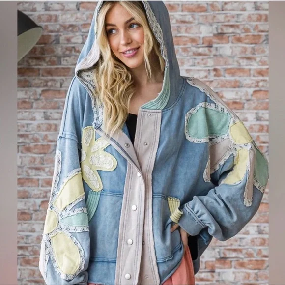 Oli & Hali Floral Patchwork Hoodie Mineral Wash Jacket size XL Blue - Picture 1 of 15